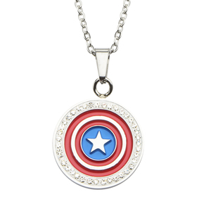 Marvel Women's Stainless Steel Captain America Shield Gem Pendant, 18"