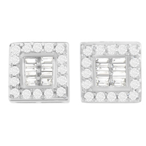 14K White Gold 1ct. TDW Round And Baguette-cut Stud Earrings (H-I,SI1-SI2)