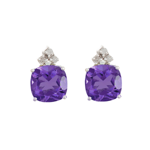 Ladies Sterling Silver 8mm Cushion Cut Genuine Amethyst Gemstone and .10 cttw Diamond Earrings