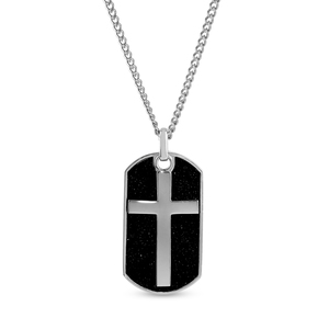 Sterling Silver Cross Black Glitter Dog Tag Pendant with 24 Inch Steel Curb Chain