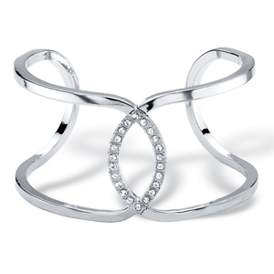 PalmBeach Jewelry Round White Crystal Mirror Image Open Loop Cuff Bracelet in Silvertone 7"