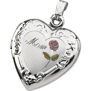 Sterling Silver Tri-Color MOM Heart Shaped Locket  20mm x 19mm