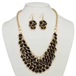 PalmBeach Jewelry 2 Piece Black Bib Necklace and Cluster Earrings Set in Yellow Gold Tone