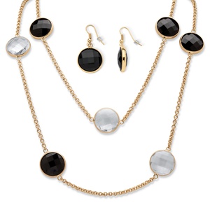 PalmBeach Jewelry Round Checkerboard-Cut Black and White Crystal Station Necklace and Earrings Set in Gold Tone