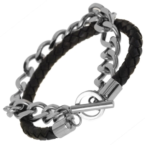 Men's Stainless Steel and Leather Wrap Bracelet