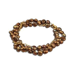 Lita Three Row Gold Plated Sterling Silver Chain And Bronze Colored Pearls Bracelet