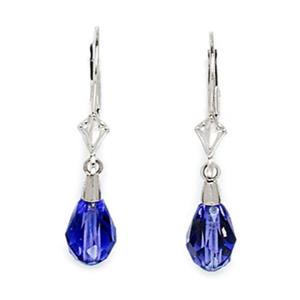 14k White Gold Tanzanite-color Purple  9x6mm Swarovski Element Pear Drop Leverback Earrings - Measures 29x6mm