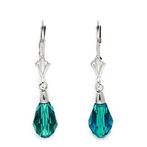 14k White Gold Blue 9x6mm Swarovski Element Pear Drop Leverback Earrings - Measures 29x6mm