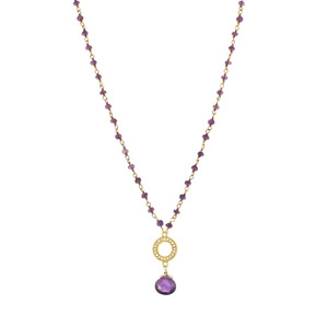 Genuine Faceted Amethyst Rondelle Wrapped Chain w/ CZ & Amethyst Heart Pendant Gold Over Silver, 18" Necklace
