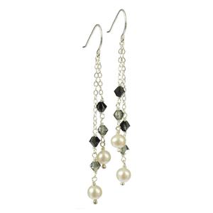 Dual Drop Multi Tonal Swarovski Elements Black Crystals and White Pearl Sterling Silver Earrings