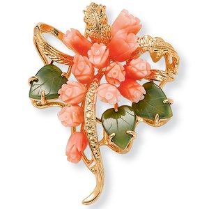 PalmBeach Jewelry Genuine Coral and Jade Bouquet Pin in Yellow Gold Tone