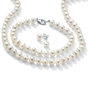 PalmBeach Jewelry 3 Piece Cultured Freshwater Pearl Necklace Bracelet and Earrings Set in Sterling Silver