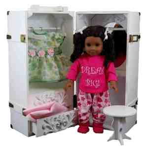 The Queen's Treasures 18" Doll Clothes Storage Case Furniture for American Girl , White Wooden Trunk, vanity, stool, hangers