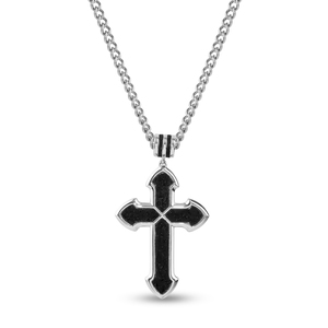 Sterling Silver Gothic Black Glitter Cross Pendant with 24 Inch Steel Curb Chain
