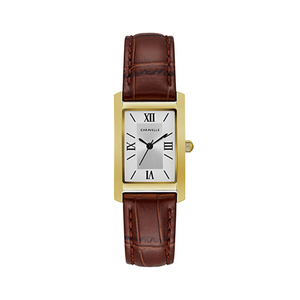 Ladies Gold Case Rectangle Brown Croc Strap Watch Silver-White Dial
