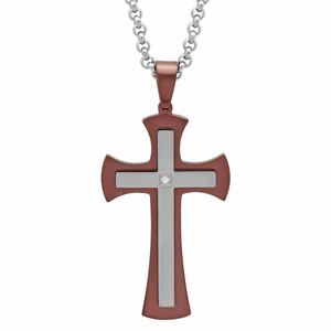 Stainless Steel Brown IP Diamond Accent Cross Pendant