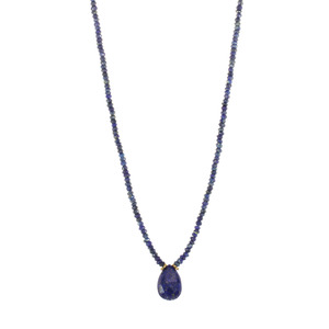 Genuine Lapis Lazuli Faceted Rondelles & Pear Shaped Pendant Gold Over Sterling Silver, 18" Necklace