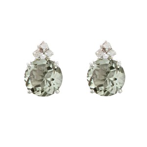 Ladies Sterling Silver 8mm Round Genuine Green Amethyst Gemstone and .10 cttw Diamond Earrings