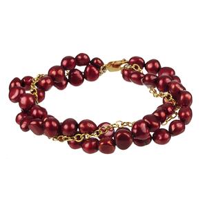 Lita Three Row Gold Plated Sterling Silver Chain And Cranberry Colored Pearls Bracelet