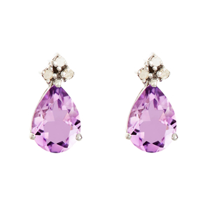 Ladies Sterling Silver Pear Shape Genuine Amethyst Gemstone with .10 cttw Diamond Earrings