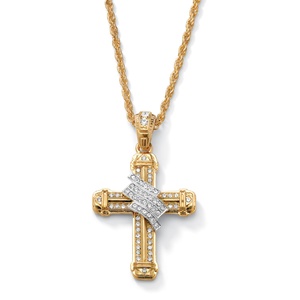 PalmBeach Jewelry Men's Crystal Wrapped Cross Pendant and Chain in Yellow Gold Tone 24"