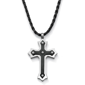 PalmBeach Jewelry Men's Cross Pendant and Braided Cord Necklace in Stainless Steel and Black IP Stainless Steel