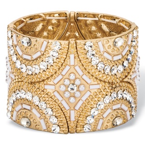 PalmBeach Jewelry White and Gold Crystal and Simulated Pearl Geometric Art Deco-Style Beaded Stretch Bangle Bracelet in Gold Tone 7.75"