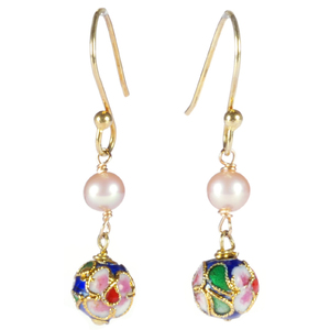 Pink Pearls With Cloisonne Beads Gold Plated Sterling Silver Earrings