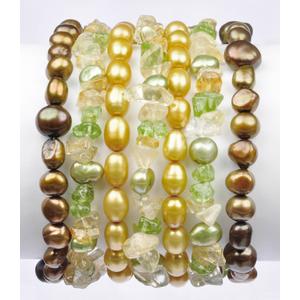 Lita 7pcs Set Bronze And Gold Tone Pearl With Semi-precious Stone Chips Stretch Bracelet