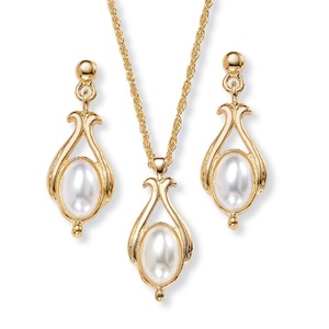 PalmBeach Jewelry Oval Simulated Pearl Drop Pendant Necklace and Earrings Set in Yellow Gold Tone