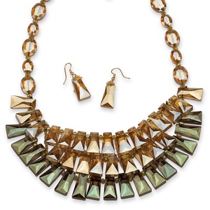 PalmBeach Jewelry 2 Piece Champagne and Blue Grey Beaded Necklace and Earrings Set in Yellow Gold Tone