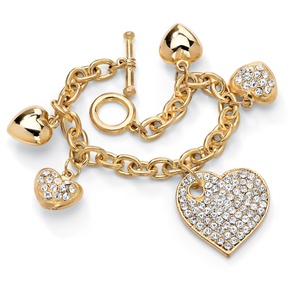PalmBeach Jewelry Crystal Multi-Heart Charm Bracelet in Yellow Gold Tone 8"
