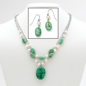 PalmBeach Jewelry Genuine Turquoise and Cultured Freshwater Pearl Silvertone Necklace and Earrings Set