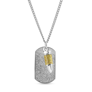 Sterling Silver and Gold Glitter Bullet Dog Tag Pendant with 24 Inch Steel Curb Chain