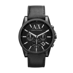 Mens Black Leather Strap Watch Black Dial
