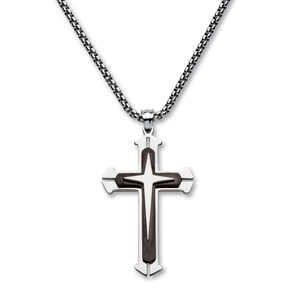 PalmBeach Jewelry Triple Layered Cross and Box Chain in Black Ion-Plated Stainless Steel