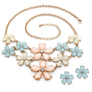 PalmBeach Jewelry Checkerboard-Cut Pastel Lucite and Crystal Flower Necklace and Earrings Set in Gold Tone