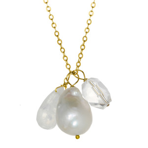 Lita Gold Plated Silver Necklace with Pearl, Rainbow Moonstone and Crystal
