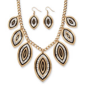 PalmBeach Jewelry Crystal and Black Enamel Leaf Motif Necklace and Earrings Set in Gold Tone