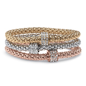 PalmBeach Jewelry Crystal Beaded Tri-Tone Stretch Rope Bracelet Set in Gold Tone, Rose Gold-Plate and Silvertone 8"