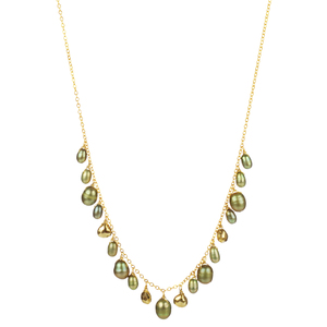 Lita Gold Plated Sterling Silver Multi Green Tone Pearls With Pyrite Accents Chain Necklace