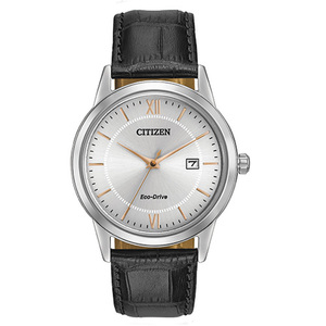 Mens Eco-Drive Black Leather Strap Watch Silver Dial