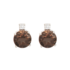 Ladies Sterling Silver 8mm Round Genuine Smokey Quartz Gemstone with White Topaz Accent Earrings