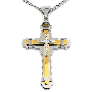 Crucible Gold Plated and Silvertone Stainless Steel Cubic Zirconia Multi-layer Cross Necklace