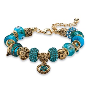 PalmBeach Jewelry Blue Crystal Bali-Style Beaded Charm Bracelet in Antiqued Gold Tone 8"-10"