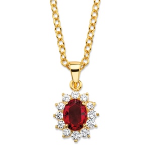 PalmBeach Jewelry .57 TCW Oval-Cut Garnet Red Crystal and Cubic Zirconia Halo Pendant Necklace MADE WITH SWAROVSKI ELEMENTS 14k Gold-Plated 18"-20