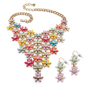 PalmBeach Jewelry Multicolor Lucite and Crystal Flower Necklace and Earrings Set in Gold Tone