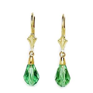 14k Yellow Gold Erinite-color Green 9x6mm Swarovski Element Pear Drop Leverback Earrings - Measures 29x6mm