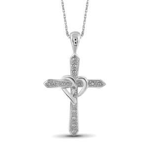 JewelonFire White Diamond Accent Sterling Silver Heart Cross Pendant