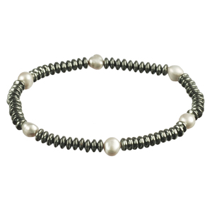 Lita Hematite Roundells With Accents Of Fresh Water Pearls Stretch Bracelet